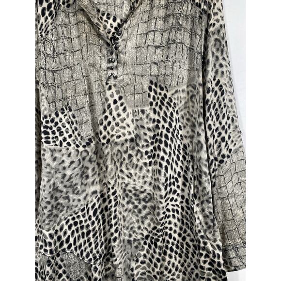 New Direction Tunic 1X Flowy Black Silver Gray Mixed Animal Print Boho Vintage - Picture 5 of 15